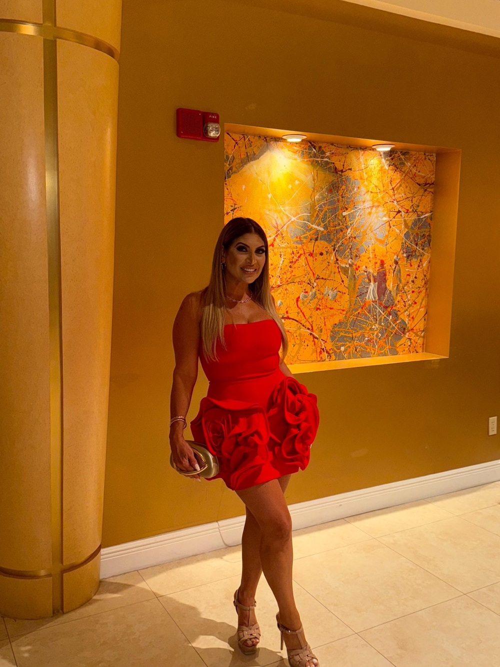 Red Strapless Mini Dress with Sculpted Rosette Skirt
